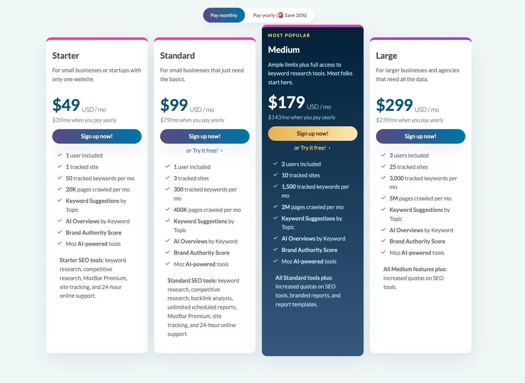 Moz Pro Pricing Plans Screenshot